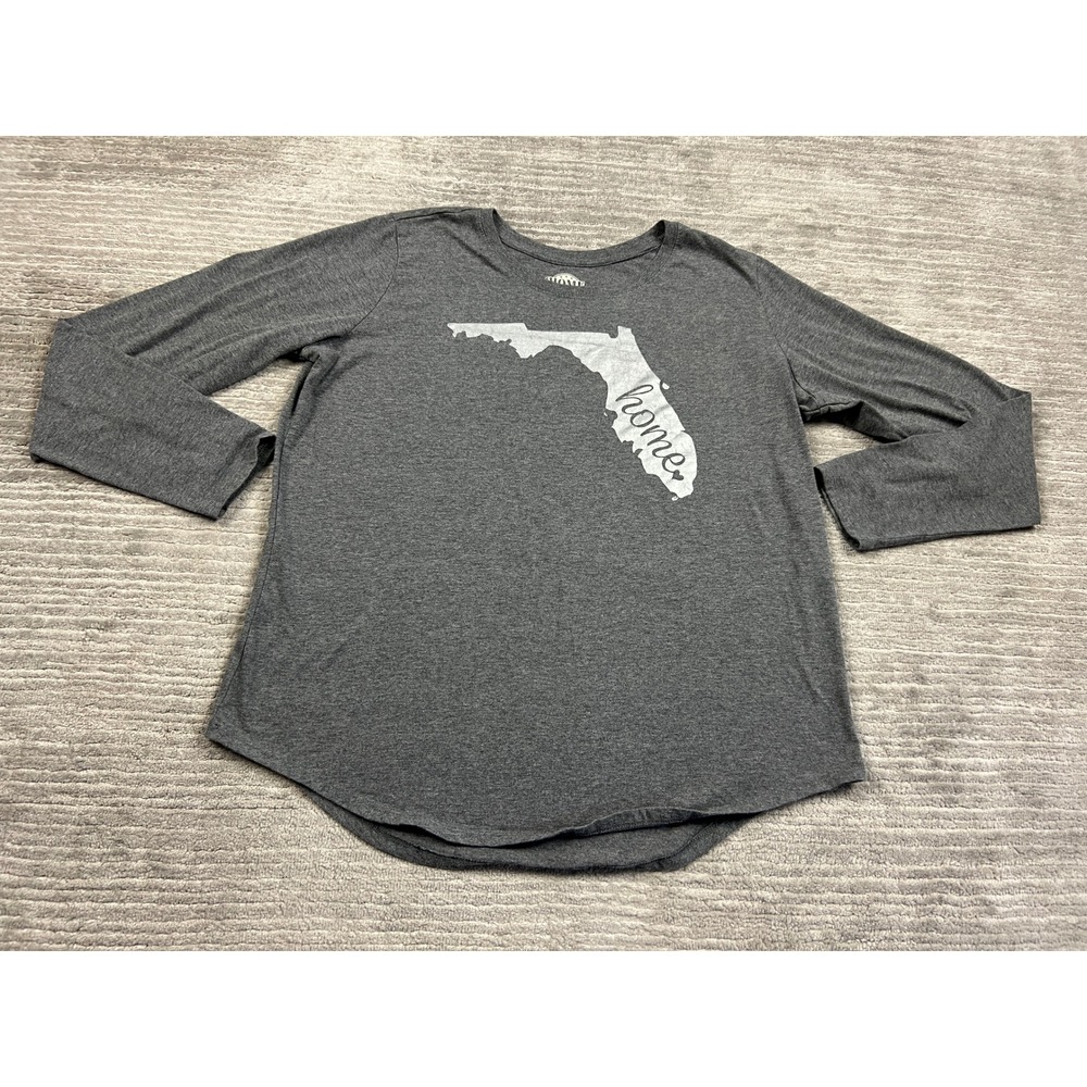Home Free T-Shirt Women XL Gray Florida Home Graphic Long Sleeve Curved Hem